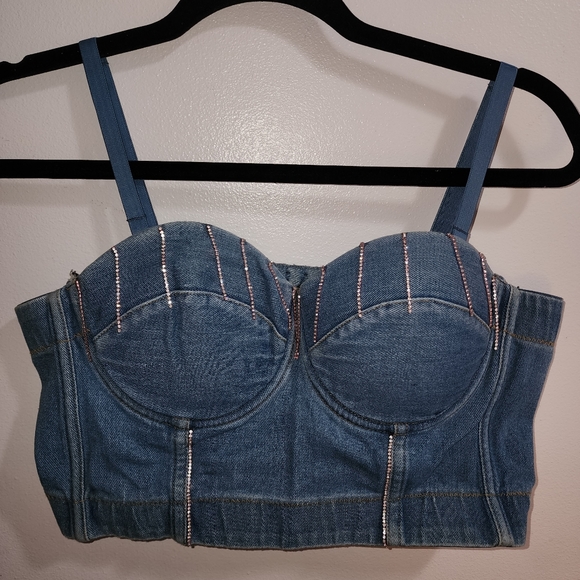 Denim Corset Top with Rhinestoned Fringe - Picture 1 of 4